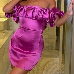 "New Bardot Satin Ruffle Sleeve - Lilac Purple Mini Dress"